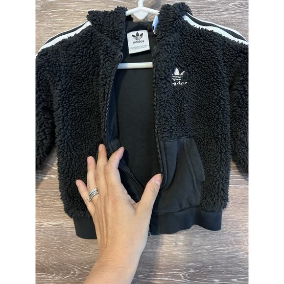 Adidas Baby Black Sherpa Jacket 9-12 Months Hoodie Zipper - Picture 5 of 6